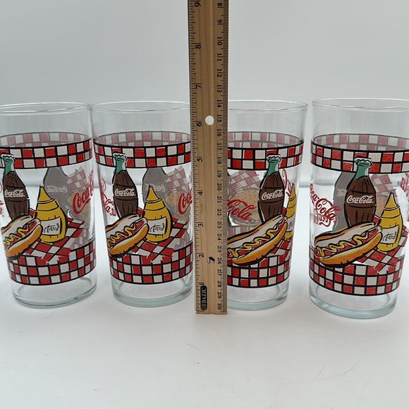 Coca Cola GLASSES 1997 Picnic Bottle and Burger Red Check-set of 4 - Picture 14 of 16